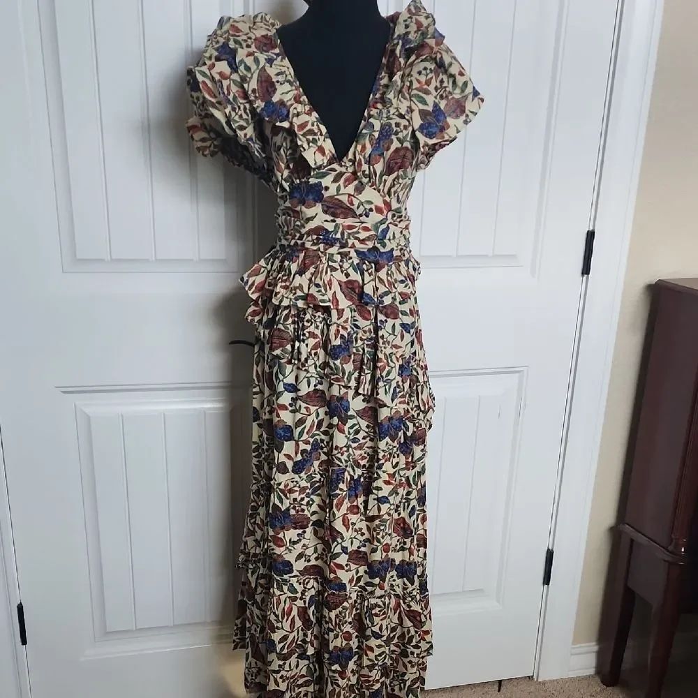 House of Harlow 1960 Cream Floral Wrap Maxi Dress with Blue & Rust Accents